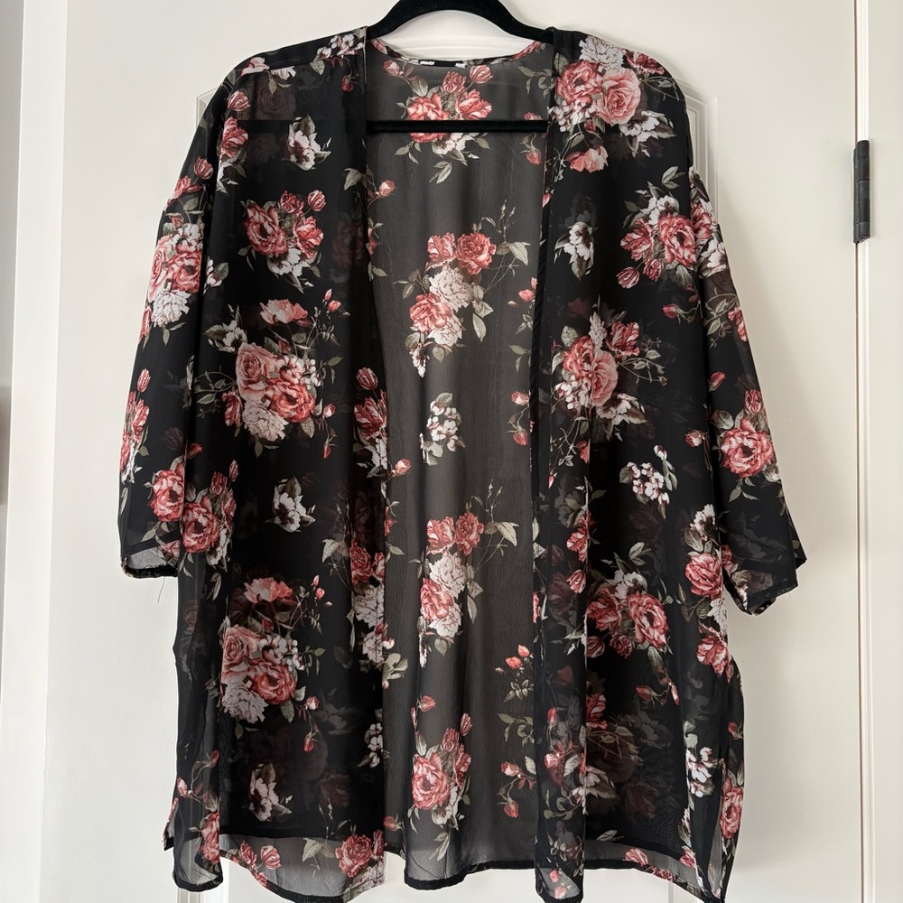 Black Floral Ruana Kimono Cardigan